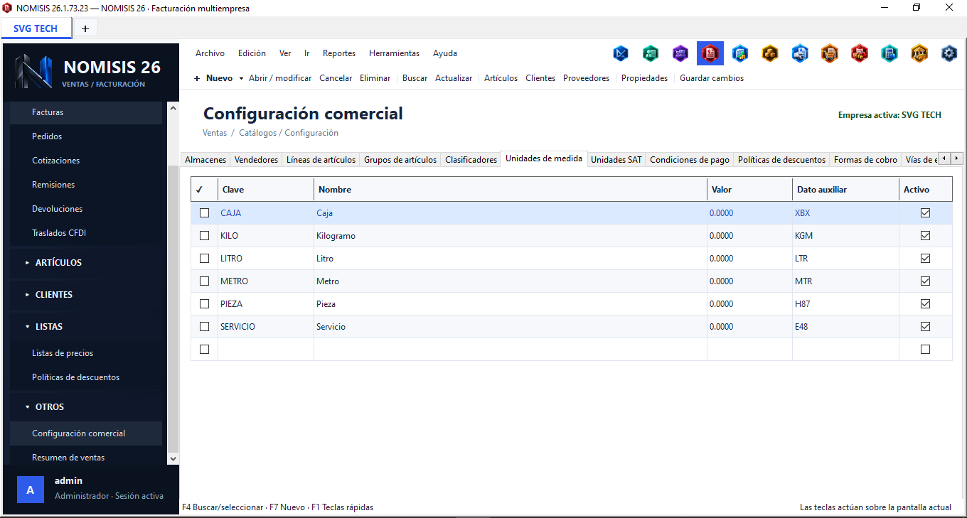 Configuración comercial NOMISIS