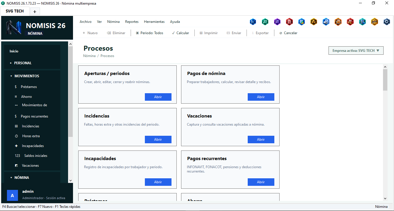 Procesos disponibles en NOMISIS Nómina