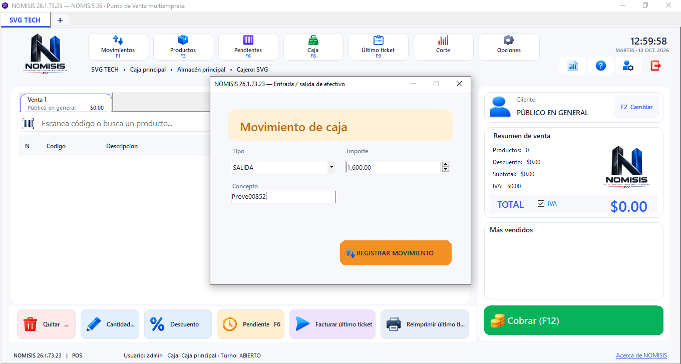 Movimiento de caja en NOMISIS POS