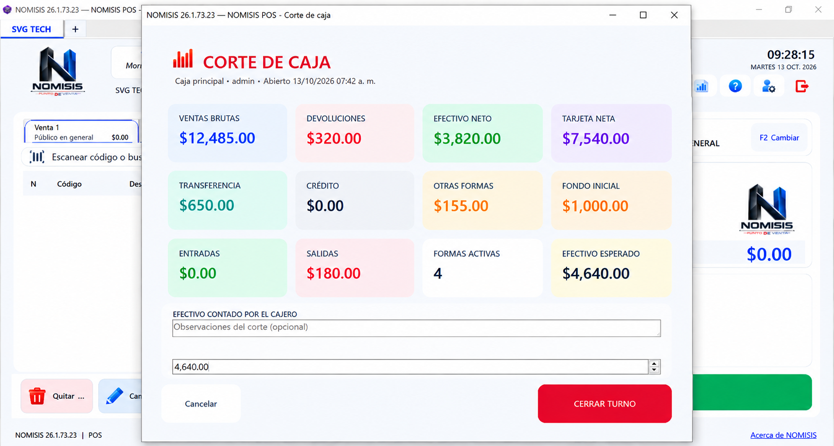 Corte de caja de NOMISIS POS